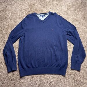 Tommy Hilfiger Sweater Mens Large Blue Pullover Long Sleeve V Neck Logo